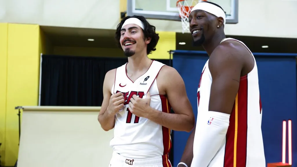 Jaime Jaquez Jr. #11 and Bam Adebayo #13 of the Miami Heat pose for a photo during media day at Kaseya Center on September 30, 2024 in Miami, Florida. (Photo by Megan Briggs/Getty Images)