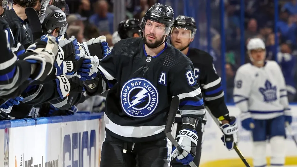 Nikita Kucherov #86 of the Tampa Bay Lightning celebrates scoring against the Toronto Maple Leafs during the first period at the Amalie Arena on April 17, 2024 in Tampa, Florida. (Photo by Mike Carlson/Getty Images)
