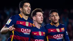 Luis Suarez (L) of FC Barcelona celebrates with his teammates Lionel Messi (C) and Neymar Santos Jr (R) after scoring his team's second goal during the La Liga match between FC Barcelona and Sporting Gijon at Camp Nou on April 23, 2016 in Barcelona, Spain.