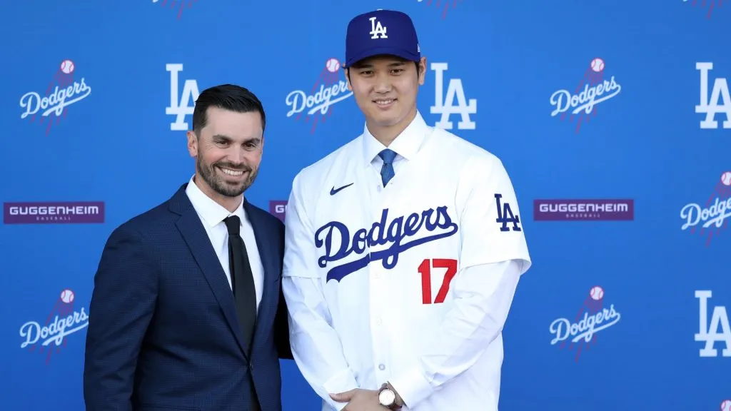 Shohei Ohtani poses for a photo with General Manager Brandon Gomes at Dodger Stadium. (Photo by Meg Oliphant/Getty Images)