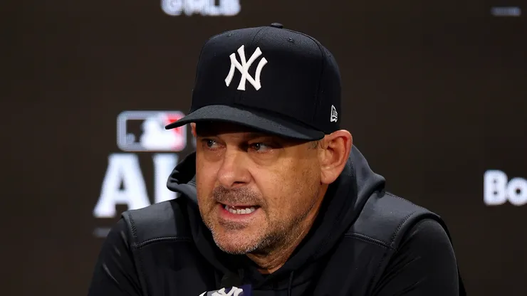 Manager Aaron Boone of the New York Yankees speaks to the media during a press conference ahead of the 2024 ALDS at Yankee Stadium on October 01, 2024 in the Bronx borough of New York City.