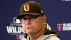 Manager Mike Shildt #8 of the San Diego Padres speaks to the media during a press conference prior to Game One of the Wild Card Series against the Atlanta Braves at Petco Park on October 01, 2024 in San Diego, California.