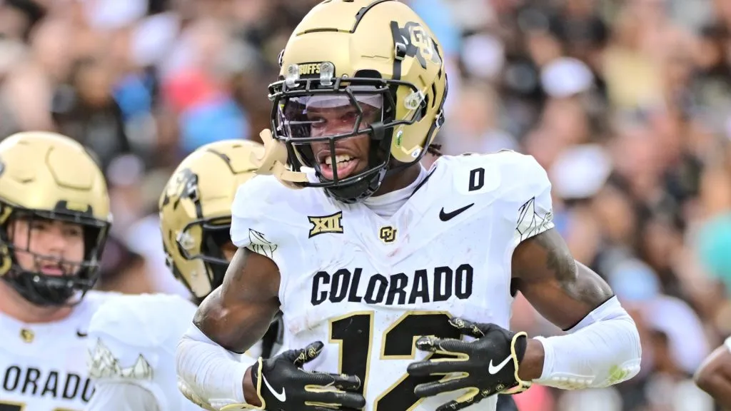 Travis Hunter #12 of the Colorado Buffaloes reacts after scoring a touchdown in the first quarter against the UCF Knights at FBC Mortgage Stadium on September 28, 2024 in Orlando, Florida.