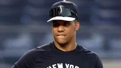 Juan Soto #22 of the New York Yankees looks on during a workout prior to the 2024 ALDS at Yankee Stadium on October 01, 2024 in the Bronx borough of New York City.