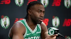 Jaylen Brown #7 of the Boston Celtics speaks to the media during Boston Celtics Media Day at The Auerbach Center on September 24, 2024 in Boston, Massachusetts.