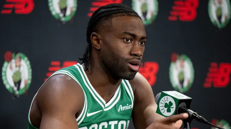Jaylen Brown #7 of the Boston Celtics speaks to the media during Boston Celtics Media Day at The Auerbach Center on September 24, 2024 in Boston, Massachusetts.