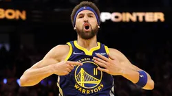 Klay Thompson #11 of the Golden State Warriors celebrates his three-point shot against the Memphis Grizzlies in the fourth quarter in Game Six of the 2022 NBA Playoffs Western Conference Semifinals at Chase Center on May 13, 2022 in San Francisco, California.