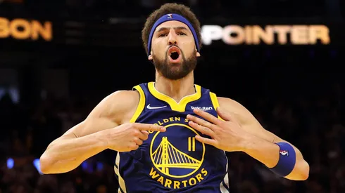 Klay Thompson #11 of the Golden State Warriors celebrates his three-point shot against the Memphis Grizzlies in the fourth quarter in Game Six of the 2022 NBA Playoffs Western Conference Semifinals at Chase Center on May 13, 2022 in San Francisco, California.