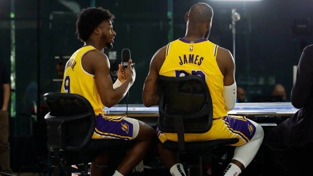 LeBron James #23 of the Los Angeles Lakers and his son Bronny James Jr. #9 are interviewed by former Los Angeles Lakers great James Worthy as they attend the Los Angeles Lakers media day at UCLA Health Training Center. (Photo by Kevork Djansezian/Getty Images)