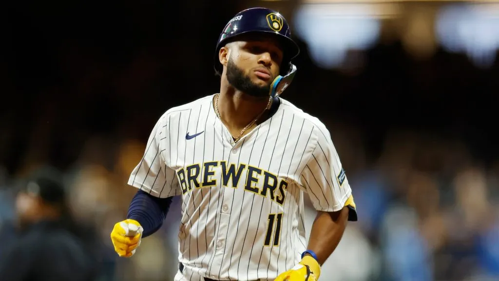 Jackson Chourio #11 of the Milwaukee Brewers rounds the bases after hitting a home run in the first inning against the New York Mets during Game Two of the Wild Card Series at American Family Field on October 02, 2024 in Milwaukee, Wisconsin. (Photo by John Fisher/Getty Images)