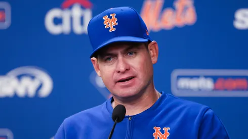 Carlos Mendoza of the New York Mets speaks during a press conference before the game against the New York Yankees at Citi Field on June 26, 2024 in the Queens borough of New York City.
