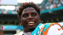 Tyreek Hill #10 of the Miami Dolphins reacts after his team's 20-17 win against the Jacksonville Jaguars at Hard Rock Stadium on September 08, 2024 in Miami Gardens, Florida.