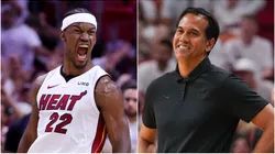 Jimmy Butler #22 of the Miami Heat reacts during the fourth quarter against the Milwaukee Bucks in Game Four of the Eastern Conference First Round Playoffs at Kaseya Center on April 24, 2023 in Miami, Florida - Head Coach Erik Spoelstra of the Miami Heat reacts to a foul call during game three of the Eastern Conference Semifinals against the New York Knicks at Kaseya Center on May 06, 2023 in Miami, Florida.
