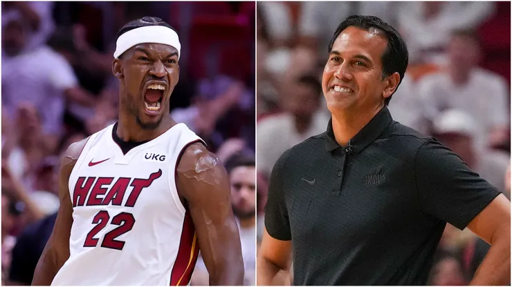 Jimmy Butler #22 of the Miami Heat reacts during the fourth quarter against the Milwaukee Bucks in Game Four of the Eastern Conference First Round Playoffs at Kaseya Center on April 24, 2023 in Miami, Florida - Head Coach Erik Spoelstra of the Miami Heat reacts to a foul call during game three of the Eastern Conference Semifinals against the New York Knicks at Kaseya Center on May 06, 2023 in Miami, Florida.