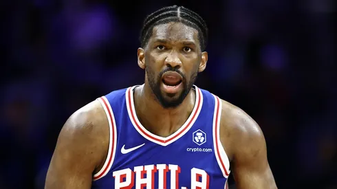 Joel Embiid #21 of the Philadelphia 76ers reacts during the fourth quarter against the Miami Heat during the Eastern Conference Play-In Tournament at the Wells Fargo Center on April 17, 2024 in Philadelphia, Pennsylvania.