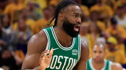 Jaylen Brown #7 of the Boston Celtics reacts during the fourth quarter in Game Four of the Eastern Conference Finals at Gainbridge Fieldhouse on May 27, 2024 in Indianapolis, Indiana.
