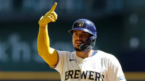 Willy Adames #27 of the Milwaukee Brewers reacts before crossing home plate after hitting a three run homer in the first inning against the St. Louis Cardinals at American Family Field on September 02, 2024 in Milwaukee, Wisconsin.