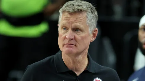Head coach Steve Kerr of the United States gestures in the second half of an exhibition game against Canada ahead of the Paris Olympic Games.
