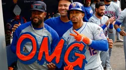 Francisco Lindor (right), shortstop of the New York Mets, celebrates with pitchers Luis Severino (left) and Jose Quintana (center) with an OMG sign by artist Jerome McCroy after hitting a solo home run in the ninth inning during a game against the Toronto Blue Jays on September 11, 2024, in Toronto, Canada. Photo by Brandon Sloter/Image of Sport/Getty Images.