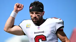 Baker Mayfield #6 of the Tampa Bay Buccaneers celebrates after defeating the Philadelphia Eagles at Raymond James Stadium on September 29, 2024 in Tampa, Florida