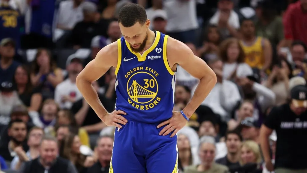 tephen Curry #30 of the Golden State Warriors stands on the court during the second half of their loss to the Sacramento Kings during the Play-In Tournament at Golden 1 Center on April 16, 2024 in Sacramento, California. (Photo by Ezra Shaw/Getty Images)
