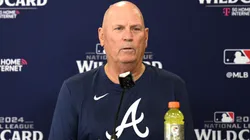 Manager Brian Snitker #43 of the Atlanta Braves speaks to the media during a press conference prior to Game One of the Wild Card Series against the San Diego Padres at Petco Park on October 01, 2024 in San Diego, California.