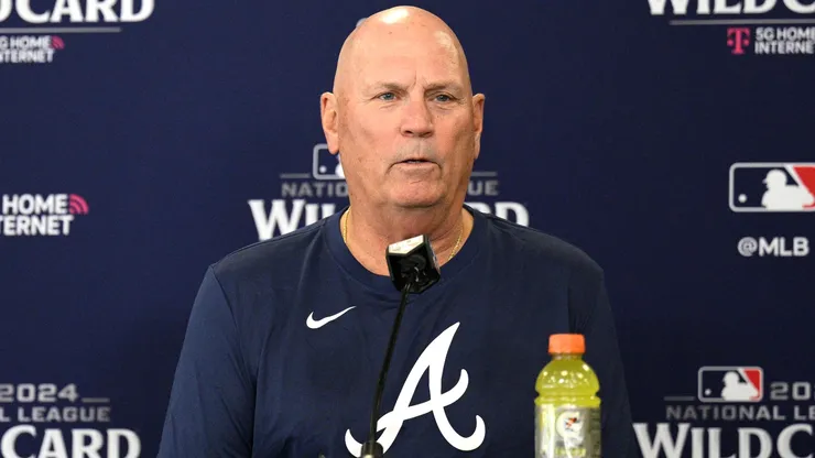 Manager Brian Snitker #43 of the Atlanta Braves speaks to the media during a press conference prior to Game One of the Wild Card Series against the San Diego Padres at Petco Park on October 01, 2024 in San Diego, California.