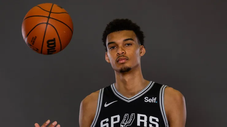 Victor Wembanyama #1 of the San Antonio Spurs poses for a portrait during the 2023 NBA rookie photo shoot at UNLV on July 12, 2023 in Las Vegas, Nevada.
