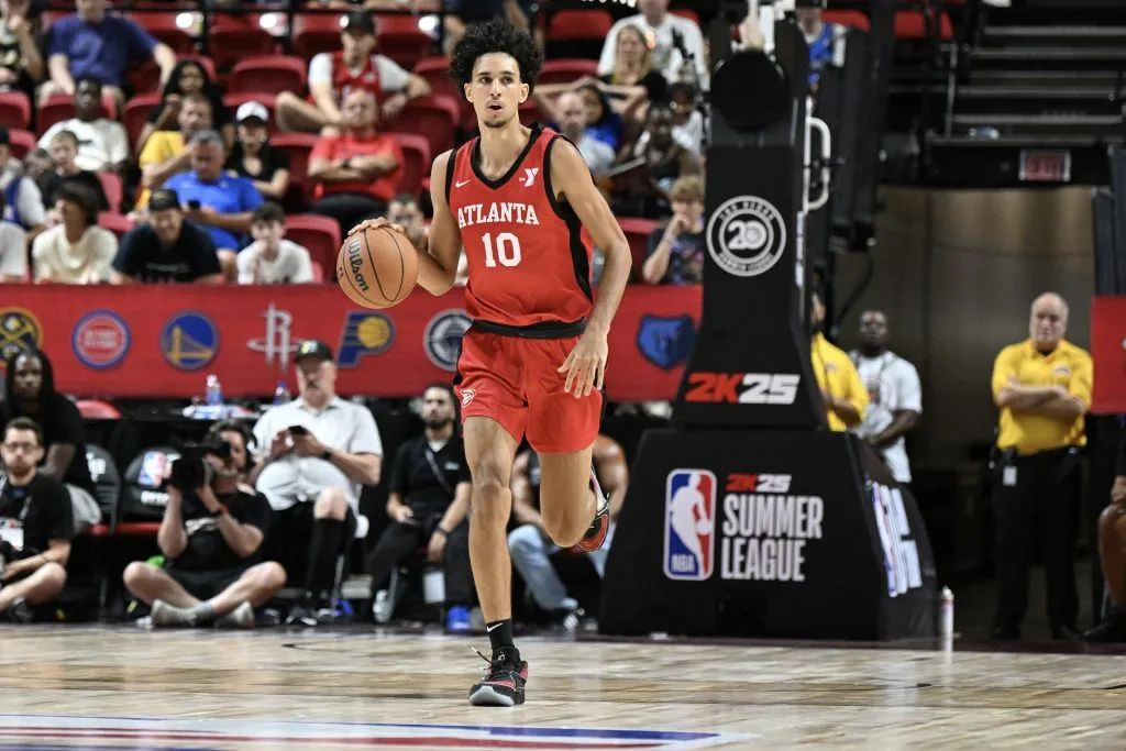 Zaccharie Risacher #10 of the Atlanta Hawks dribbles the ball up the court against the Washington Wizards in the NBA Summer League. Candice Ward/Getty Images