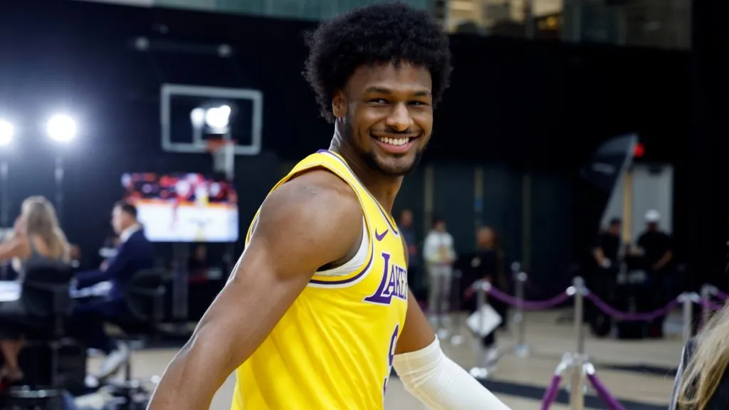 Bronny James Jr. #9 of the Los Angeles Lakers attends a Los Angeles Lakers media day at UCLA Health Training Center on September 30, 2024 in El Segundo, California.