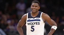 Anthony Edwards #5 of the Minnesota Timberwolves reacts during the second half of game three of the Western Conference First Round Playoffs at Footprint Center