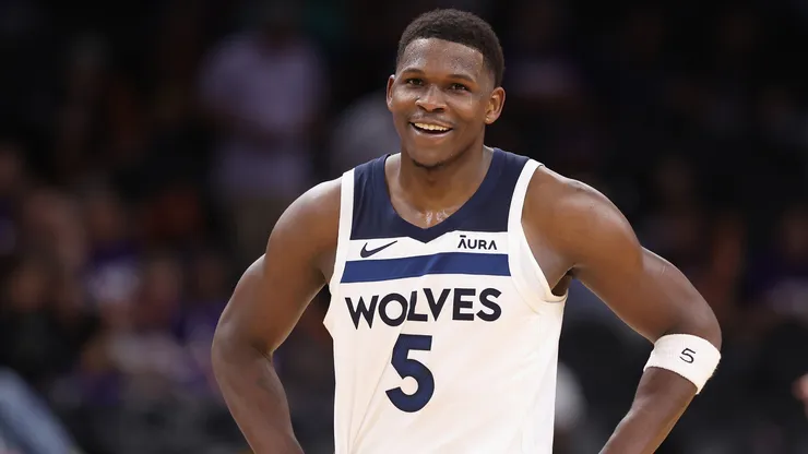 Anthony Edwards #5 of the Minnesota Timberwolves reacts during the second half of game three of the Western Conference First Round Playoffs at Footprint Center