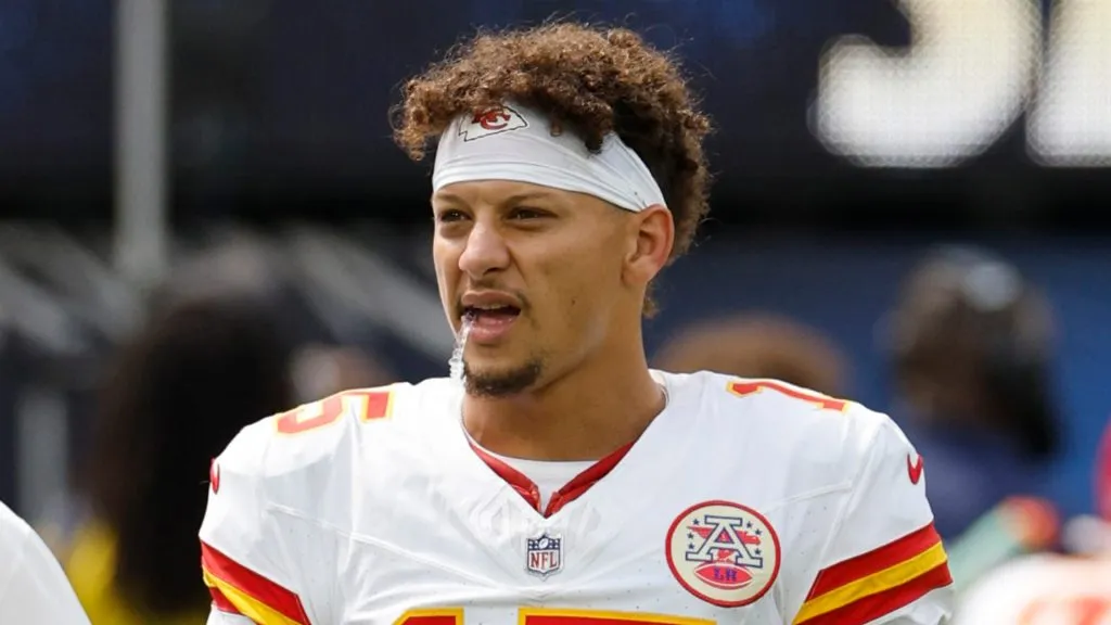 Patrick Mahomes #15 of the Kansas City Chiefs reacts prior to a game against the Los Angeles Chargers at SoFi Stadium on September 29, 2024 in Inglewood, California.
