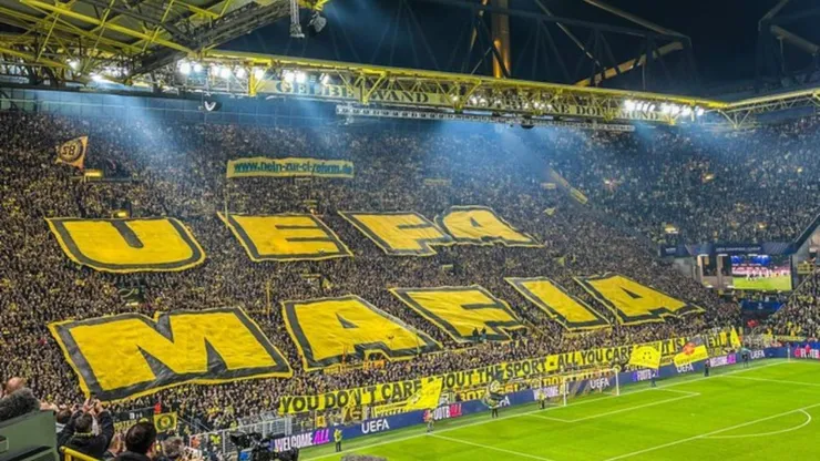 General view inside the stadium, as the fans display a tifo, which reads "UEFA MAFIA"