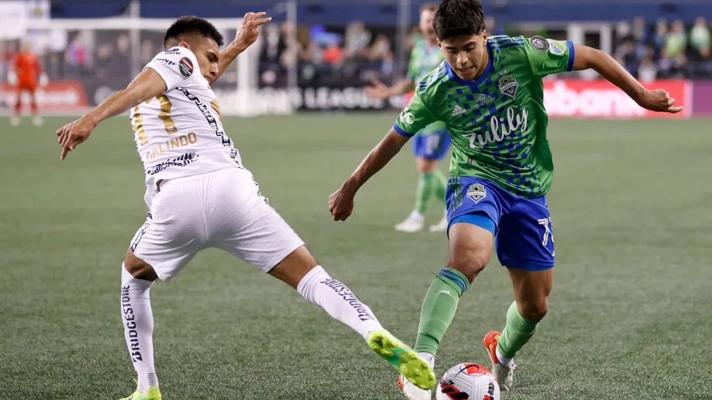 Ricardo Galindo of Pumas and Obed Vargas #73 of Seattle Sounders battle for the ball in the second half during 2022 Scotiabank Concacaf Champions League Final Leg 2 at Lumen Field on May 04, 2022 in Seattle, Washington. (Photo by Steph Chambers/Getty Images)