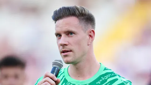 Marc Andre Ter Stegen of FC Barcelona speaks to the supporters prior to the Joan Gamper Trophy match between FC Barcelona and AS Monaco at Estadi Olimpic Lluis Companys on August 12, 2024 in Barcelona, Spain.