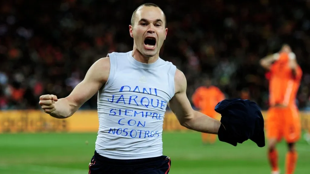 Andres Iniesta of Spain celebrates scoring his side’s first goal during the 2010 FIFA World Cup South Africa Final match between Netherlands and Spain at Soccer City Stadium on July 11, 2010 in Johannesburg, South Africa. (Photo by Jamie McDonald/Getty Images)