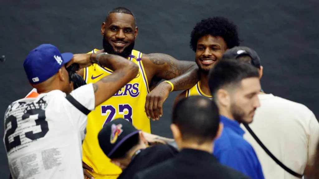 LeBron James #23 of the Los Angeles Lakers and his son Bronny James Jr. #9 attend a Los Angeles Lakers media day at UCLA Health Training Center on September 30, 2024 in El Segundo, California. (Photo by Kevork Djansezian/Getty Images)