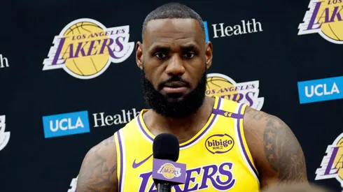 LeBron James #23 of the Los Angeles Lakers speaks during a Los Angeles Lakers media day at UCLA Health Training Center on September 30, 2024 in El Segundo, California.