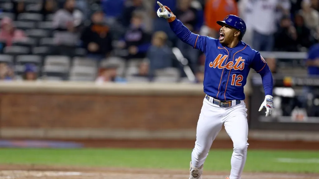 Francisco Lindor #12 of the New York Mets celebrates his solo home run in the fourth inning against the Miami Marlins during game two of a double header at Citi Field on September 27, 2023 in the Flushing neighborhood of the Queens borough of New York City. This is Lindorās 30th home run of the season. (Photo by Elsa/Getty Images)