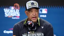Manager Dave Roberts #30 of the Los Angeles Dodgers talks to the media after the Dodgers defeated the New York Yankees 7-6 in game 5 to win the 2024 World Series at Yankee Stadium on October 30, 2024 in the Bronx borough of New York City.