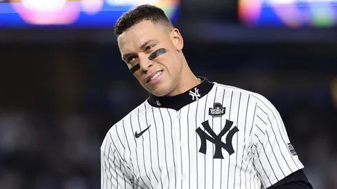 Aaron Judge #99 of the New York Yankees walks off the field after being left on base during the eighth inning of Game Five of the 2024 World Series against the Los Angeles Dodgers at Yankee Stadium on October 30, 2024 in the Bronx borough of New York City.