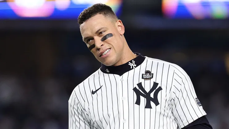 Aaron Judge #99 of the New York Yankees walks off the field after being left on base during the eighth inning of Game Five of the 2024 World Series against the Los Angeles Dodgers at Yankee Stadium on October 30, 2024 in the Bronx borough of New York City.