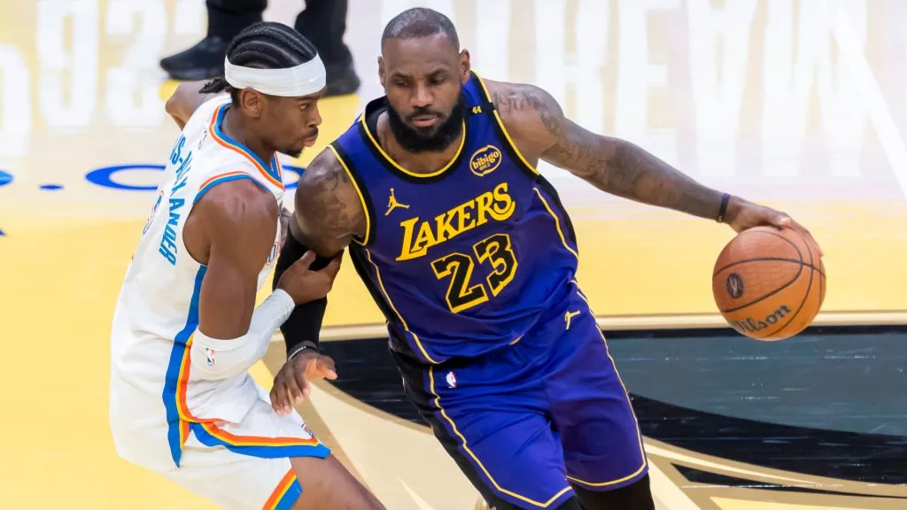 Los Angeles Lakers’ LeBron James drives against Oklahoma City Thunder’s Shai Gilgeous-Alexander during a game at Crypto.com Arena. (IMAGO / ZUMA Press Wire)