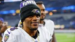 Baltimore Ravens quarterback Lamar Jackson (8) leaves the football field after the NFL, American Football Herren, USA game between the Baltimore Ravens and the Los Angeles Chargers on November 25, 2024, at SoFi Stadium in Inglewood, CA.
