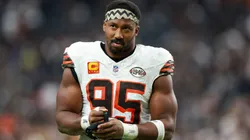 Cleveland Browns defensive end Myles Garrett (95) walks off the field after a NFL, American Football Herren, USA game between the Cleveland Browns vs Las Vegas Raiders game on September 29, 2024, at Allegiant Stadium in Las Vegas, NV.