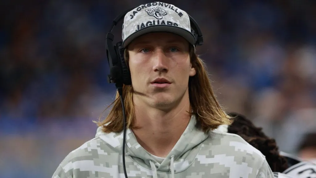 Jacksonville Jaguars quarterback Trevor Lawrence (16) looks on from the sideline during the first half of an NFL game between the Jacksonville Jaguars and the Detroit Lions. (Source: IMAGO / NurPhoto)