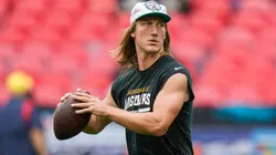 Jacksonville Jaguars quarterback Trevor Lawrence (16) warms up during the International Series match between Jacksonville Jaguars and New England Patriots on 20 October 2024.