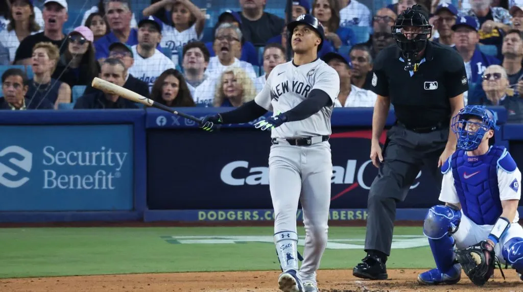 Juan Soto #22 of the New York Yankees watches his home run against the Los Angeles Dodgers in the third inning during Game Two of the 2024 World Series at Dodger Stadium on October 26, 2024 in Los Angeles, California. (Photo by Steph Chambers/Getty Images)