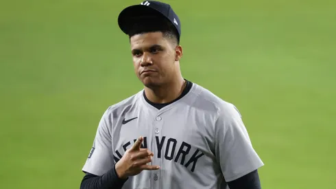 Juan Soto #22 of the New York Yankees gestures as they play the Los Angeles Dodgers in the sixth inning during Game Two of the 2024 World Series at Dodger Stadium on October 26, 2024 in Los Angeles, California.